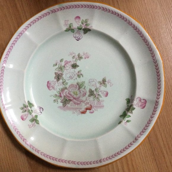 Vintage Adams England Calyx Ware dinner plate pink flowers celadon - Picture 3 of 9